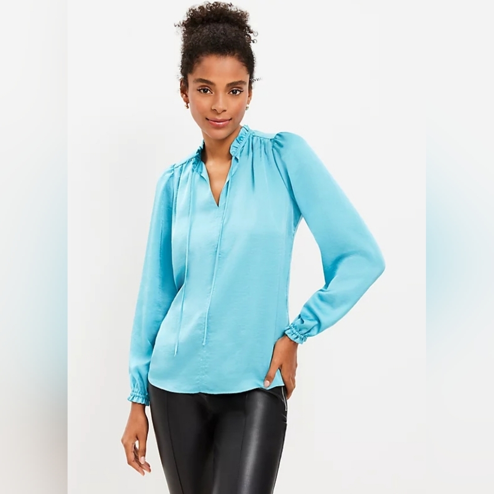 LOFT Ruffle Tie Neck Mixed Media Blouse Small